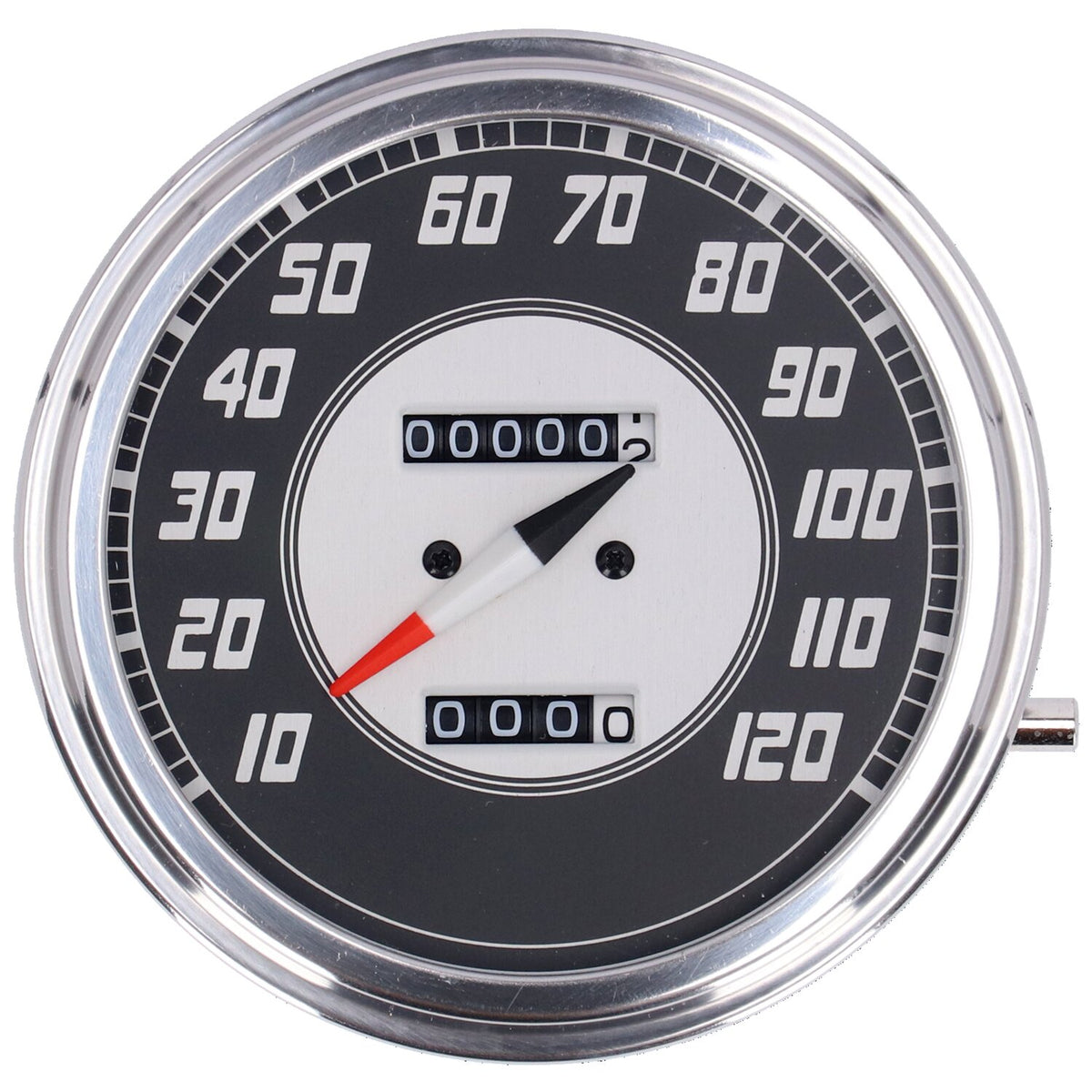 MCS FL speedometer, '46-47 face', silver/black. 2:1 mph 1